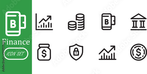 Finance and Banking Icon Set featuring Mobile Banking, Money Savings Jar, Financial Growth Charts, Secure Payment Shield, Currency Coins, and Stock Market Analytics Vector Icons