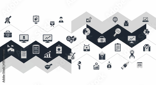 Business and Technology Icons Connected on a Zigzag Line.