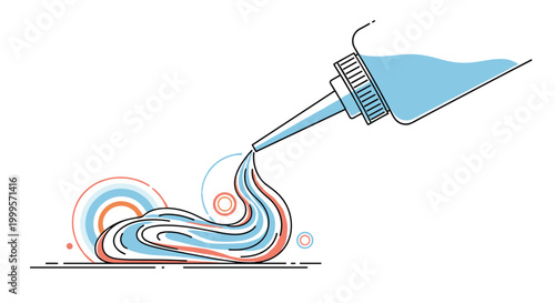 Toothpaste is squeezed out from a tube onto a flat surface creating a wavy blue and white swirl accented by colorful stylized circle graphics.