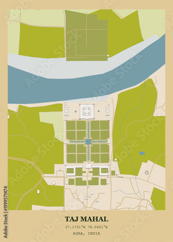 Detailed urban map and architectural site layout of the Taj Mahal in Agra, India.