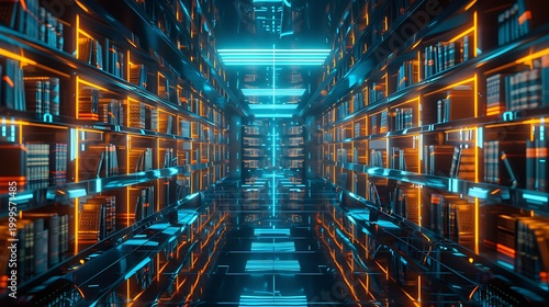 Futuristic Neon Library: Digital Data, Cybersecurity, and Technology in a Vibrant Sci-Fi Landscape