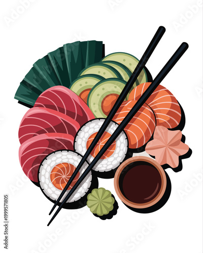 A stylized illustration of sushi rolls and sashimi with chopsticks