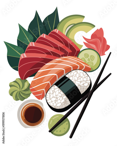 A plate of sushi with salmon, avocado, and soy sauce