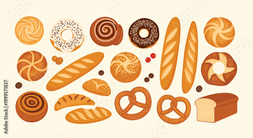 Large assortment of bakery products includes various breads, baguettes, donuts, cinnamon rolls, pretzels, and buns on a cream surface.