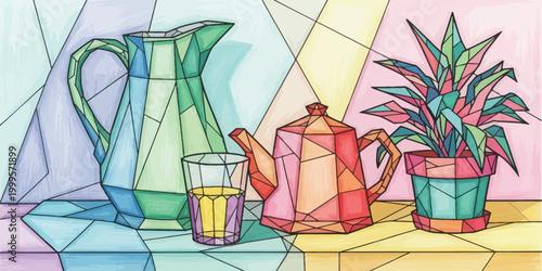 Vibrant Geometric Still Life Illustration featuring a faceted pitcher, a teapot, a drink glass.