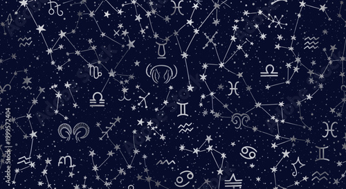 Zodiac signs and constellations on a starry night sky background