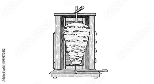 Intricate black and white sketch of a vertical rotisserie machine cooking a large cone of seasoned shawarma meat on a wooden stand.