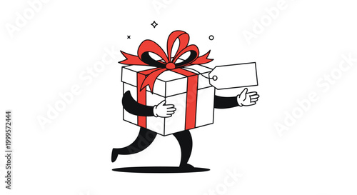 Energetic cartoon character of a white gift box with a red ribbon bow and a blank tag running happily on its black legs and arms.