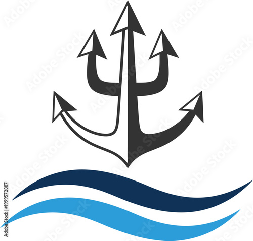 Poseidon's trident and waves a logo symbol of oceanic power and silhouette