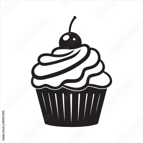 Cupcake with frosting and cherry logo black silhouette svg vector