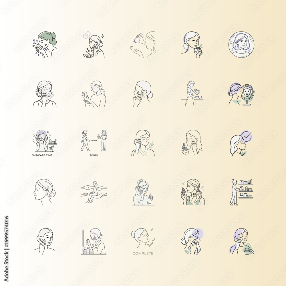 Fototapeta premium Minimalist woman skincare routine steps icon set or Skincare application outline icons for beauty design