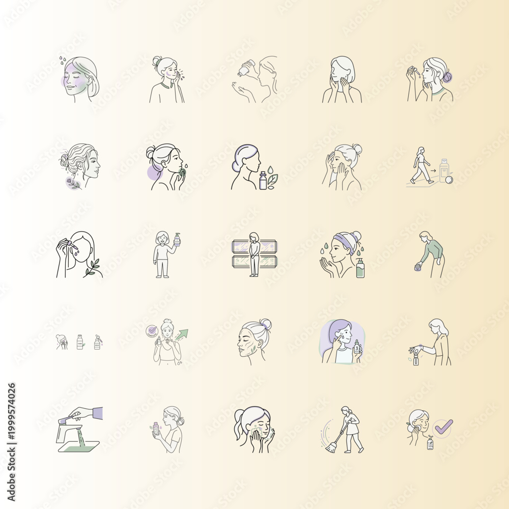 Fototapeta premium Minimalist Woman Skincare Steps Icon Set or Outline Style Female Beauty Routine Steps Icon Collection