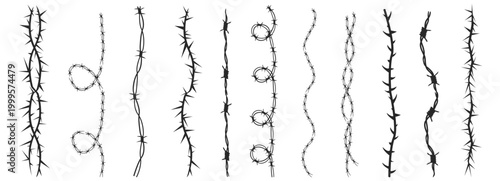 Barbed wire silhouette border, fence. Spiked wire with sharp barbs along its perimeter. Twisted ring y2k, round border tattoo, gothic textured steel frame,