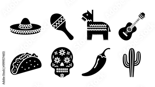 Diverse collection of black and white silhouette icons representing traditional mexican culture and fiesta