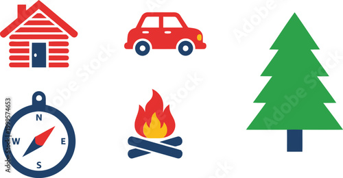 Set of colorful camping icons featuring a wooden cabin, a red car, a green pine tree, a compass, and a burning campfire