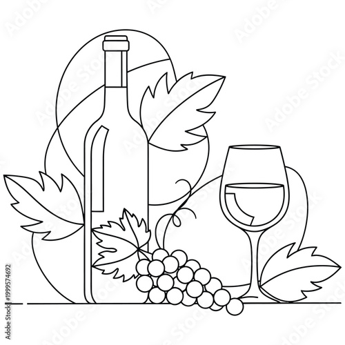 A simple line art illustration of a wine bottle, wine glass, and grapes, perfect for beverage and celebration themes
