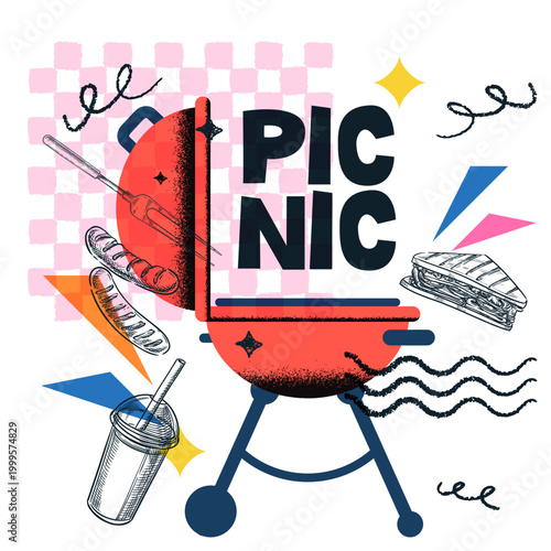 Summer BBQ picnic banner with grill, sausages, sandwich and drink. Vector sketch collage design for outdoor party poster
