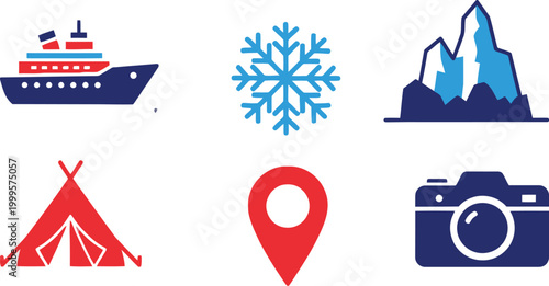 Set of travel and adventure icons with cruise ship snowflake mountain tent location pin and photo camera symbols
