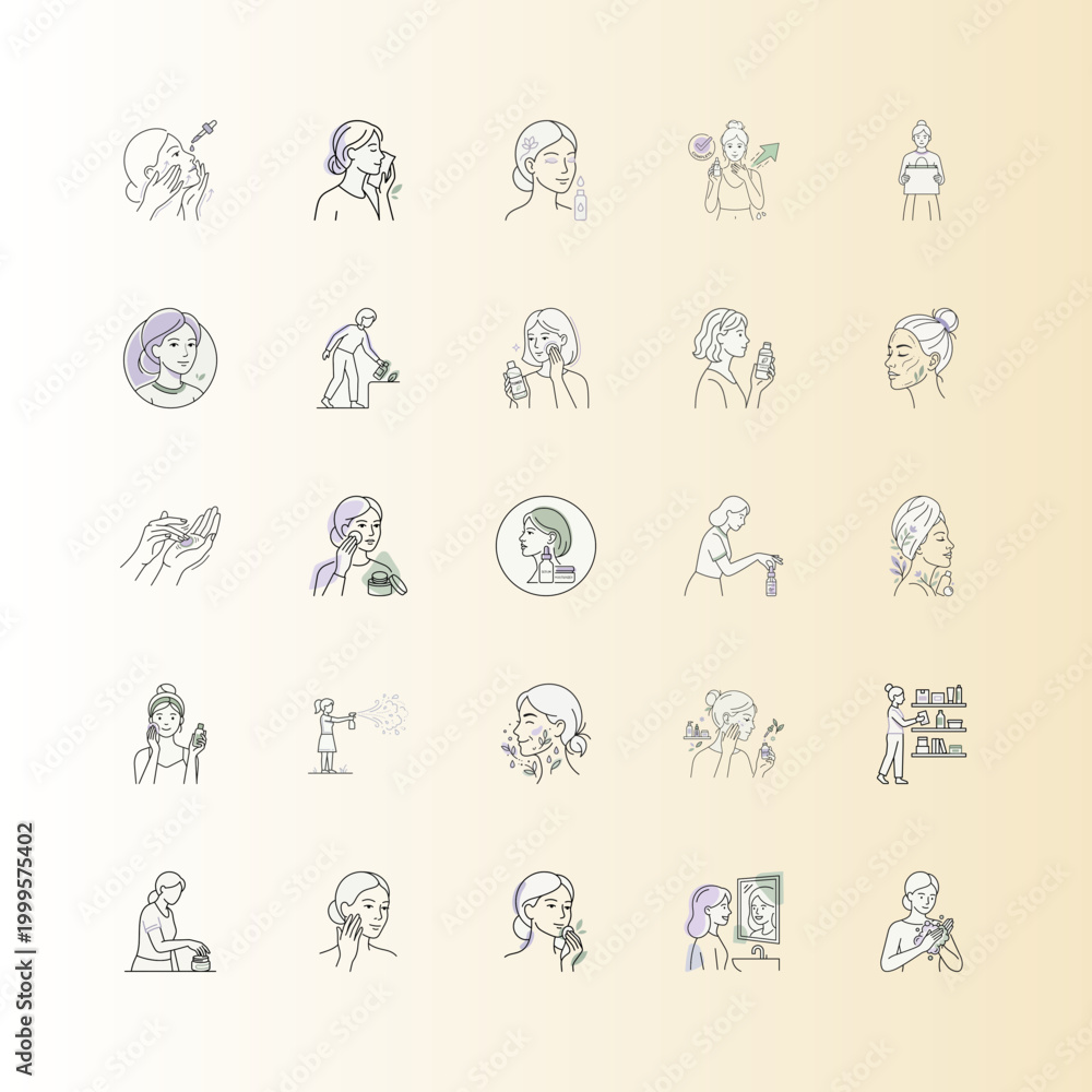 Fototapeta premium Skincare routine line art icons set or Woman skincare step by step minimal icons