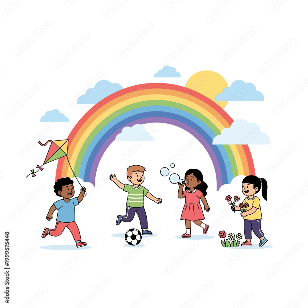 Fototapeta premium Diverse children playing happily under a vibrant rainbow and sunny sky