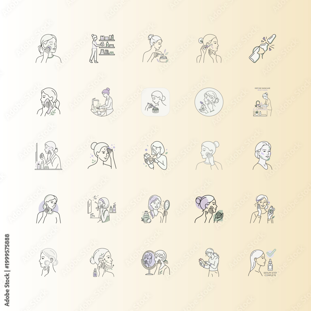 Fototapeta premium Skincare Routine Steps Line Art or Woman Applying Beauty Products Outline