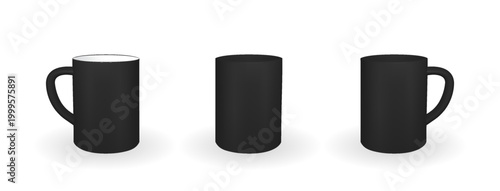 Set of Realistic black mug on a white background. 3D rendering. Vector Illustration