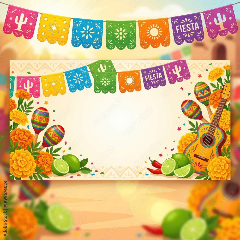 Naklejka premium Colorful fiesta decorations featuring marigolds, limes, and guitars, perfect for festive celebrations.