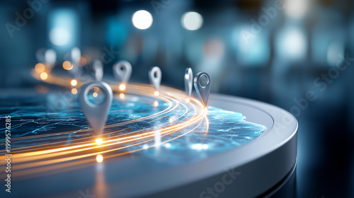 Floating hologram of a glowing roadmap with quarterly milestone flags planted along a curving path on a bright clean platform project roadmap quarterly milestones strategic