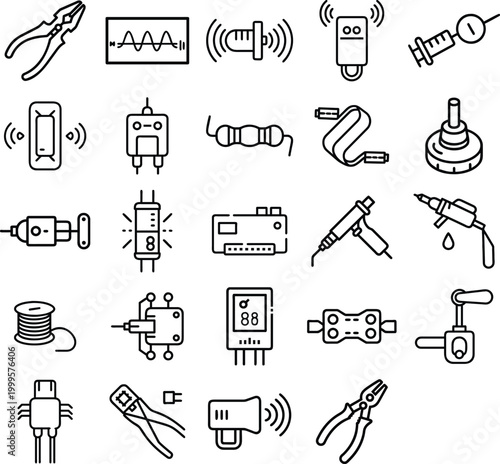 Electronics engineering line icons set, 25 professional electrical hardware symbols, circuit components and soldering tools EPS collection