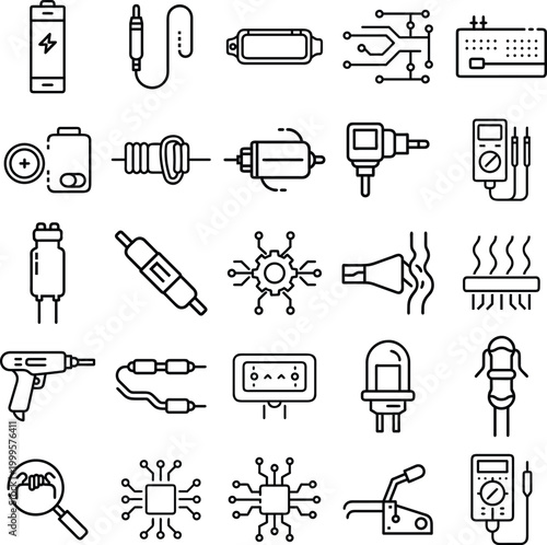 Electronic components line icons, 25 engineering and hardware symbols, electrical circuit and power supply vector set for technical diagrams