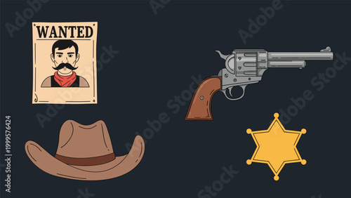 Collection of western cowboy items including a wanted poster a revolver pistol a brown hat and a sheriff star badge.