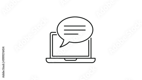 Simple line icon of an open laptop with a speech bubble floating over the screen representing online chat and communication.