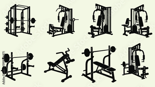 Set of black silhouettes showing various types of weightlifting and strength training gym machines on a light background.