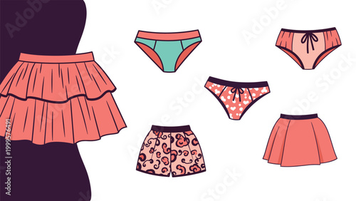 Collection of pink and red women clothing items including a tiered skirt a mini skirt and various styles of underwear.