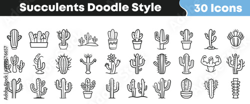 Set of hand drawn doodle succulent icons in simple black line art