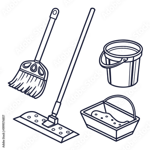 Cleaning tools and supplies for household chores broom bucket