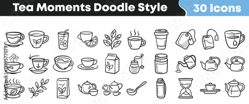 Set of unique hand-drawn doodle icons for tea time and beverage illustrations