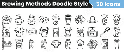 Collection of hand-drawn doodle style icons representing diverse coffee brewing methods