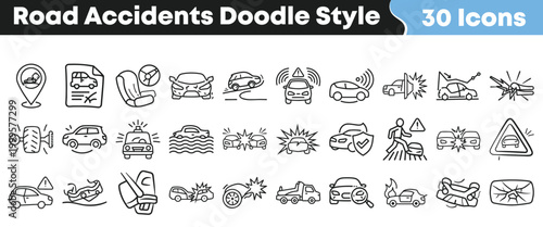 Doodle style icons representing various road accidents and car-related incidents