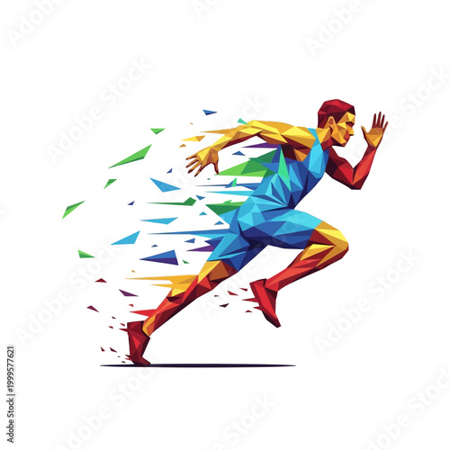 Dynamic Runner illustration, polygonal style, motion blur effect, vibrant colors, athletic man sprinting