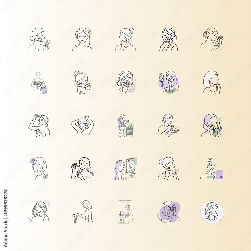 Fototapeta premium Woman skincare steps outline icons or Skincare routine steps vector icons