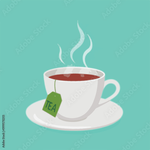 Steaming Cup of Tea with Tea Bag on Saucer drink beverage