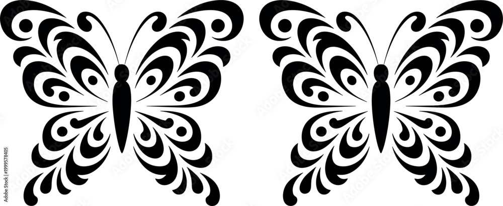 Fototapeta premium Decorative Butterfly Silhouette Set with Ornamental Floral Wings Black Elegant Nature Design Elements Vector Illustration Isolated on White Background