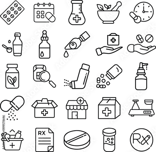 Medical pharmacy line icons set, 25 healthcare and medicine vector elements, pharmaceutical drug and pill symbols for clinic and hospital apps