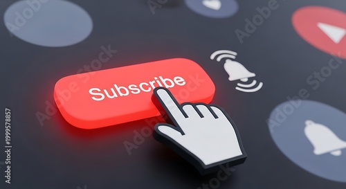3D Render of a Hand Cursor Clicking a Red Subscribe Button with Bell Icon on Dark
