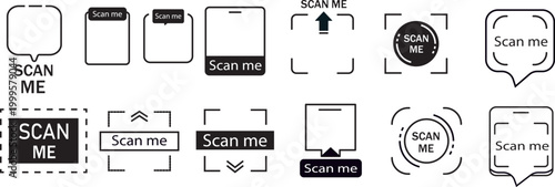 QR code frames with smartphone icons. QR code with inscription scans me with a smartphone.  flat style QR code frame and smartphone interface icons, high-performance vector illustrations
