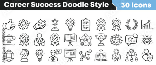 A collection of hand-drawn career success doodle style icons for business growth