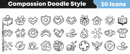 Collection of compassion related doodle style icons including hearts and helping hands