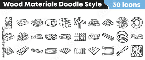 Collection of doodle style icons representing various wood materials and lumber