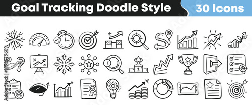 Thirty hand-drawn doodle style icons for goal tracking and business